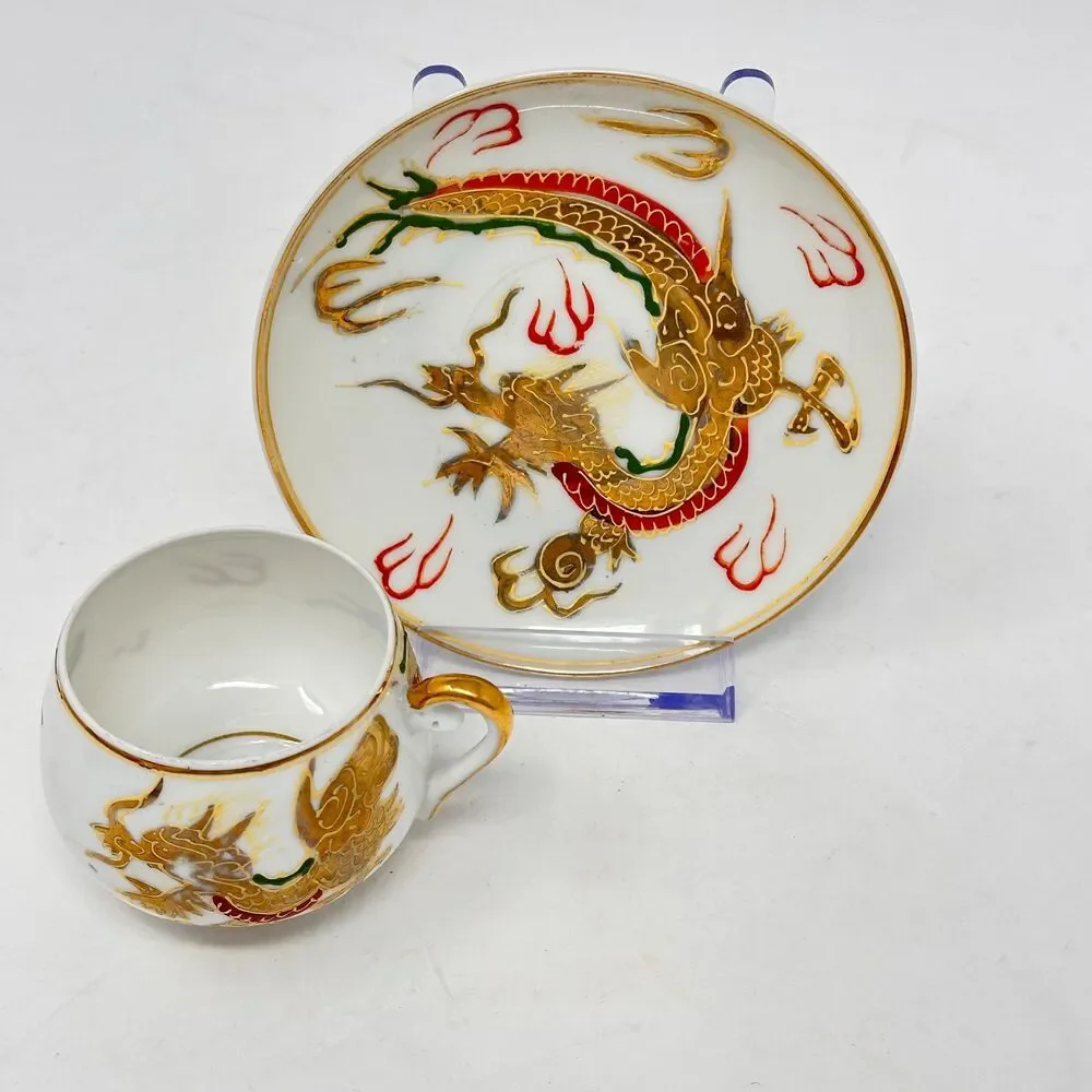 Vintage Japanese Dragonware Moriage Teacup Saucer Geisha Lithophane Fine China